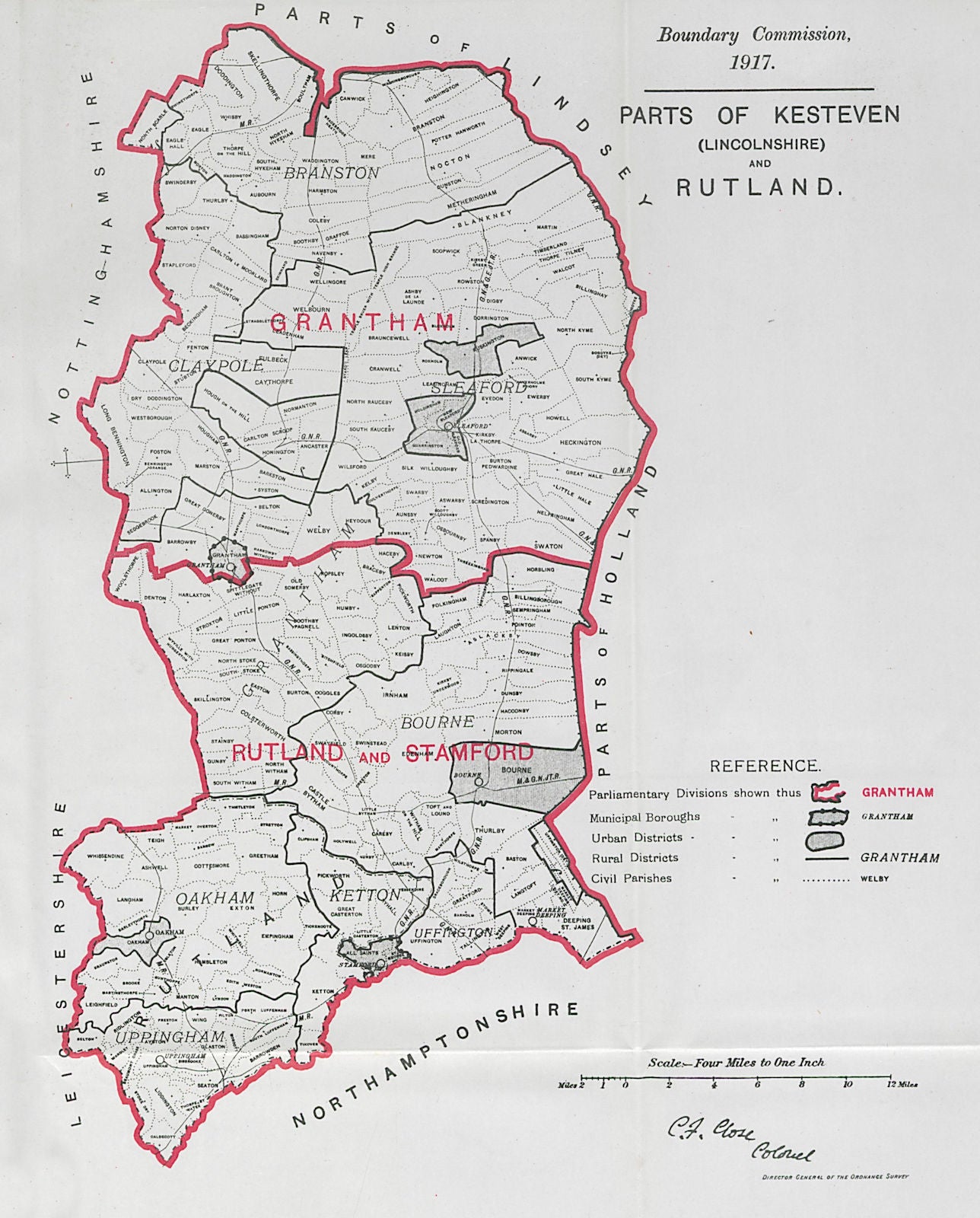 Kesteven (Lincs) & Rutland Parliamentary County. BOUNDARY COMMISSION 1917 map